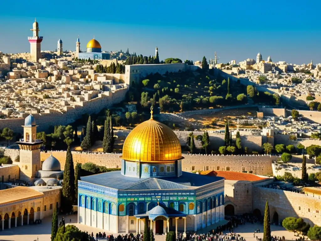 Vista impactante del Domo de la Roca en Jerusalén, con la cúpula dorada brillando bajo el cielo azul