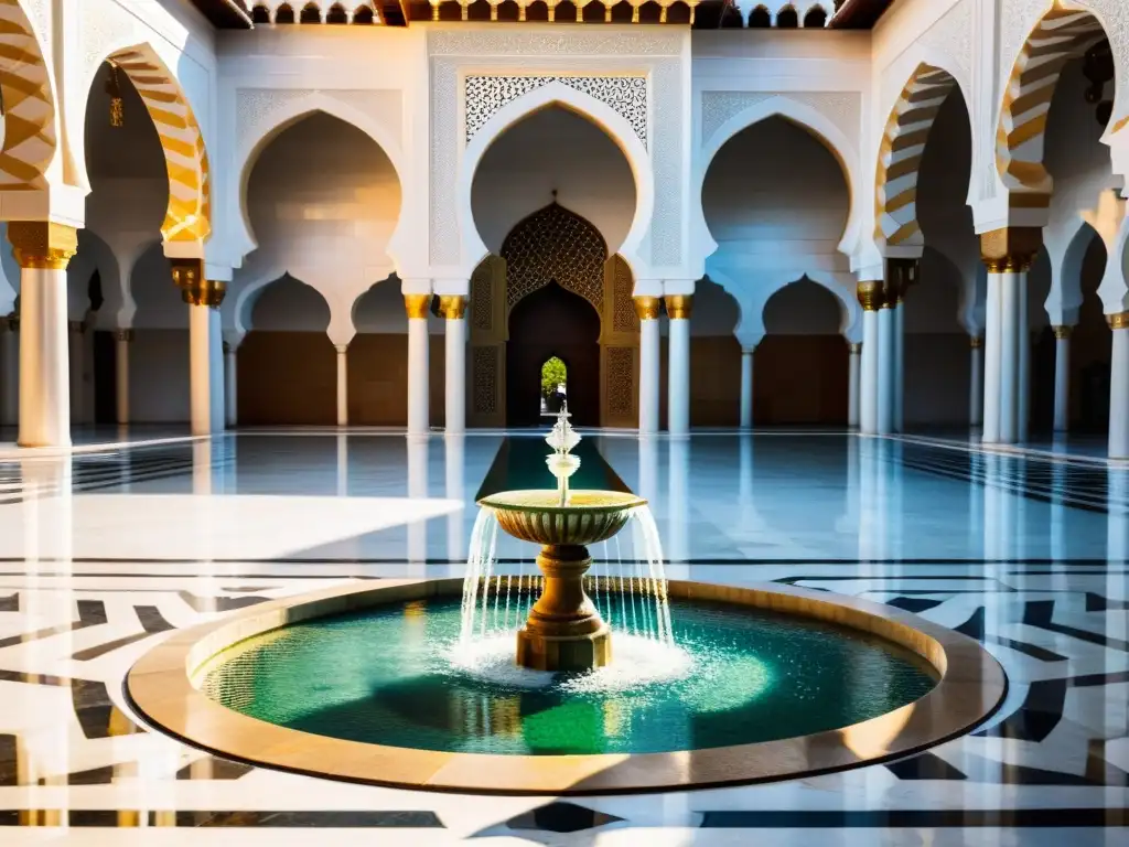 Vista impactante de una fuente ornamental en mezquita, reflejando luz en el agua