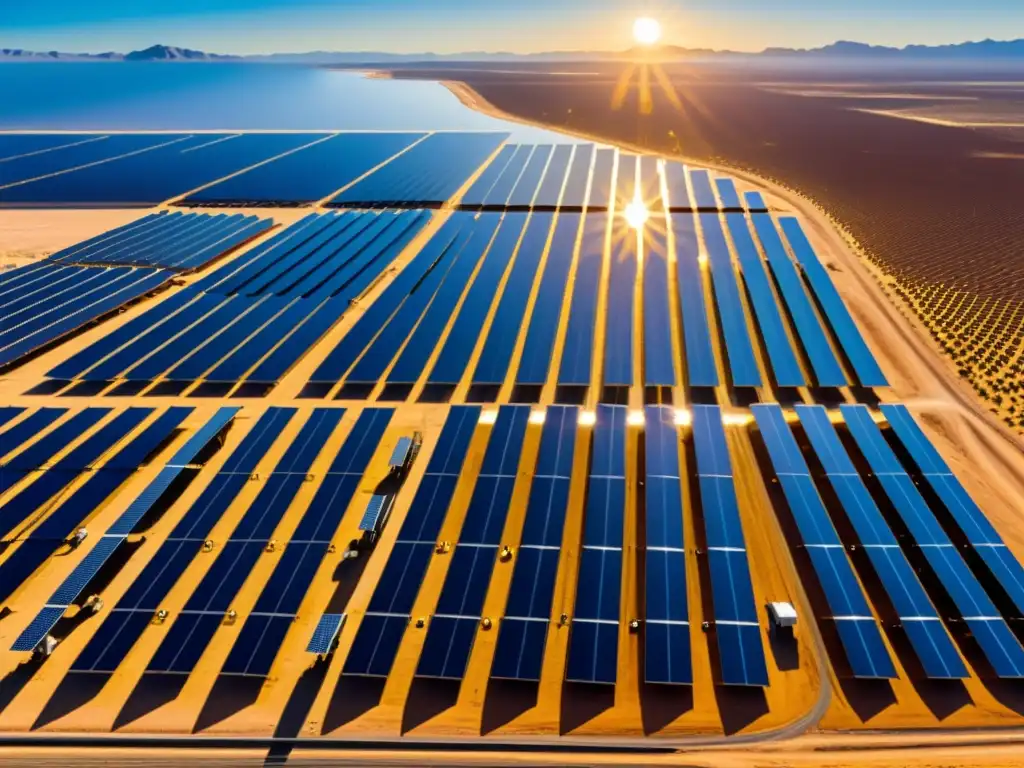 Vista impactante de granja solar en desierto, reflejando avance en energías renovables en el mundo islámico