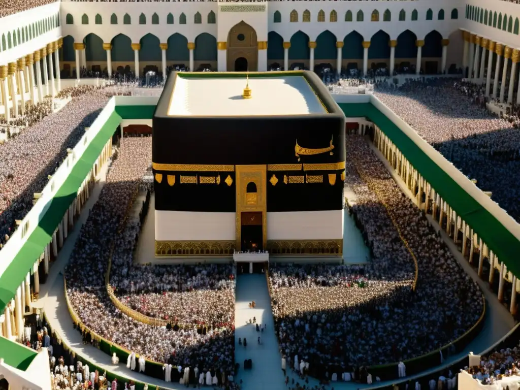 Vista impactante de La Meca con la Kaaba en el centro y una multitud de peregrinos