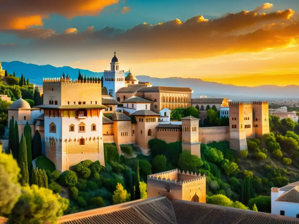 Vista impresionante de la Alhambra al atardecer, destacando su arquitectura y resonancias España musulmana cultura occidental