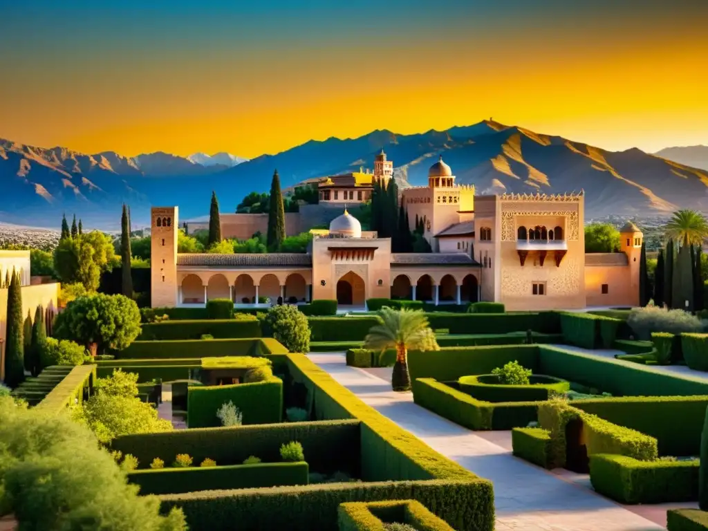 Vista impresionante de la Alhambra al atardecer, con detalles arquitectónicos y jardines vibrantes