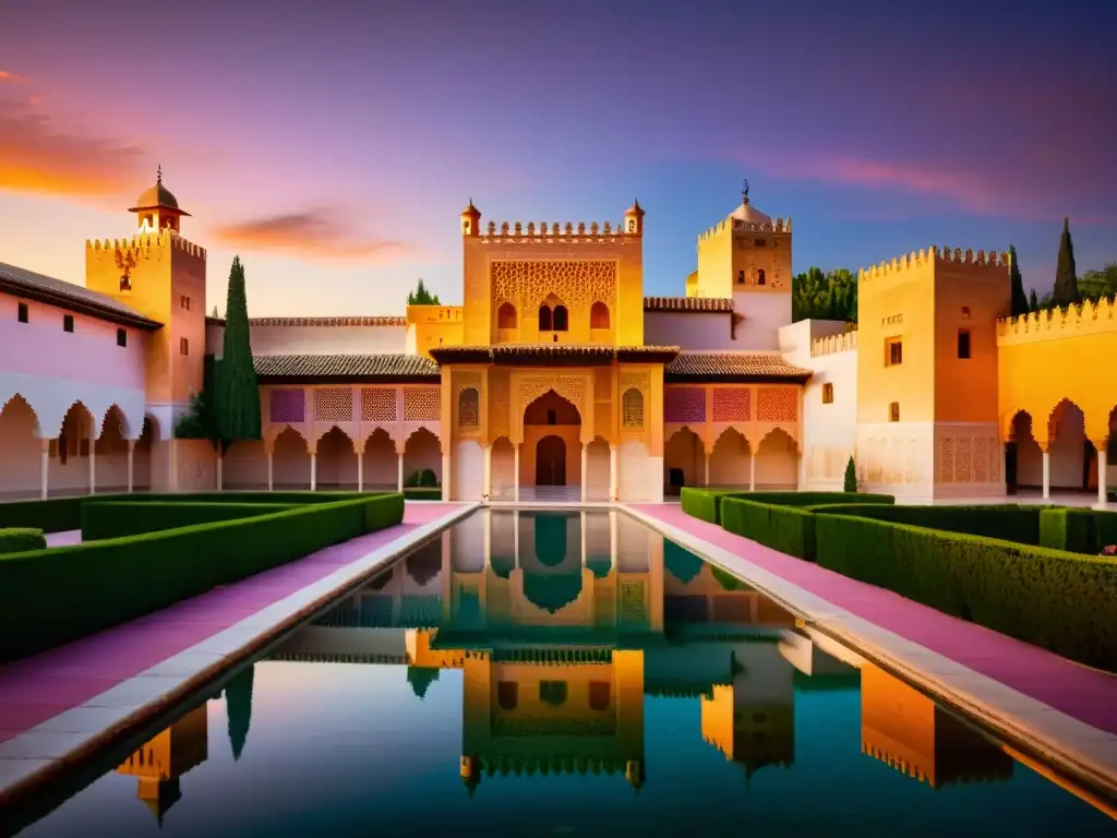 Vista impresionante de la Alhambra al atardecer, reflejada en el agua, destacando su legado islámico en España