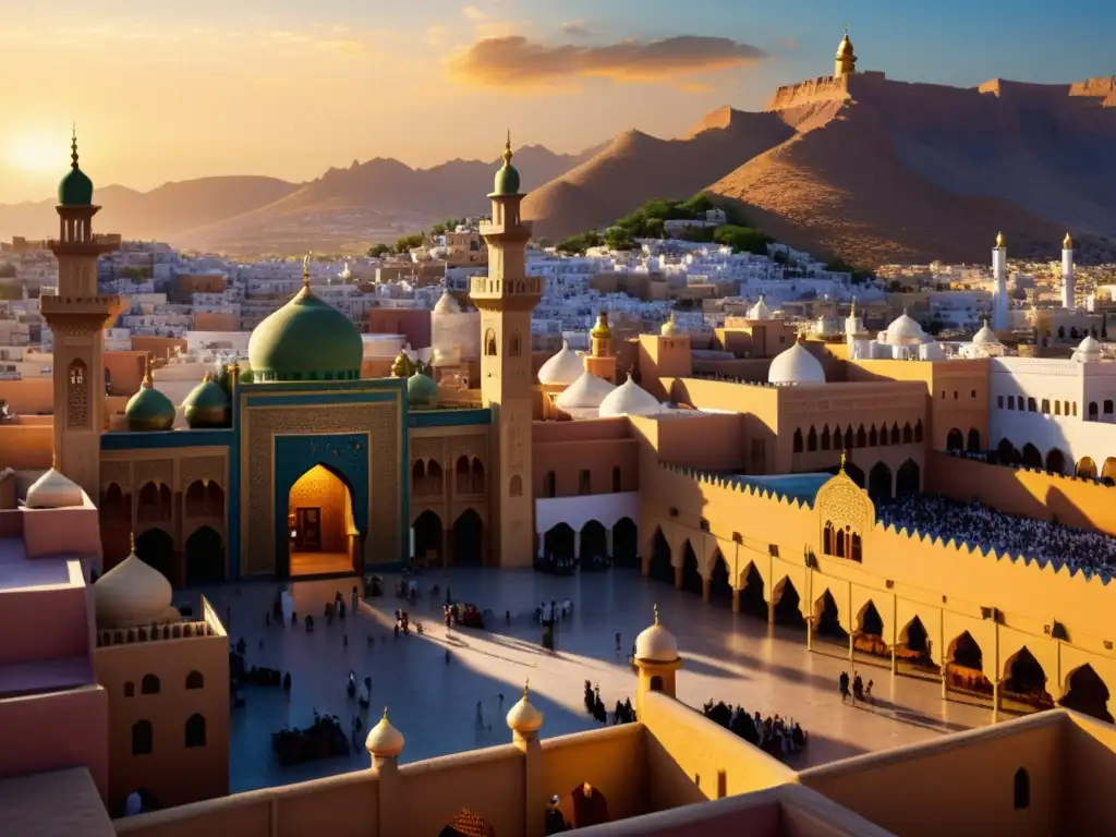 Vista impresionante al amanecer de la antigua ciudad de Medina, mostrando la historia de la Yathrib renombrada y su atmósfera atemporal