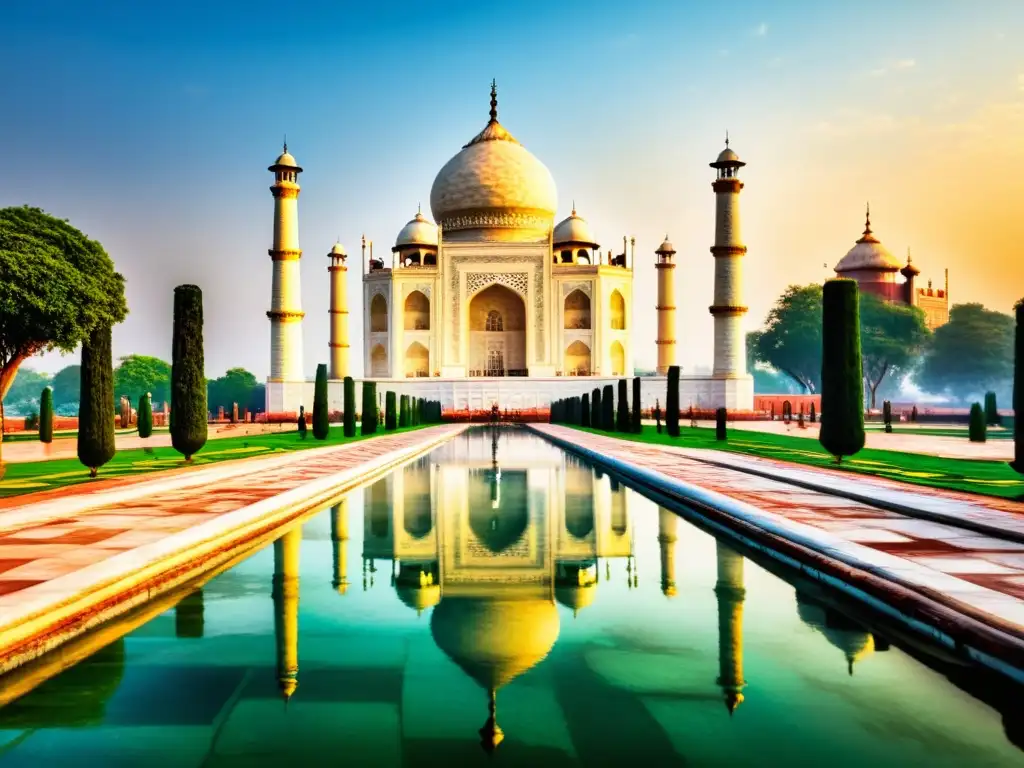 Vista impresionante del Taj Mahal al amanecer, reflejando su belleza en el agua