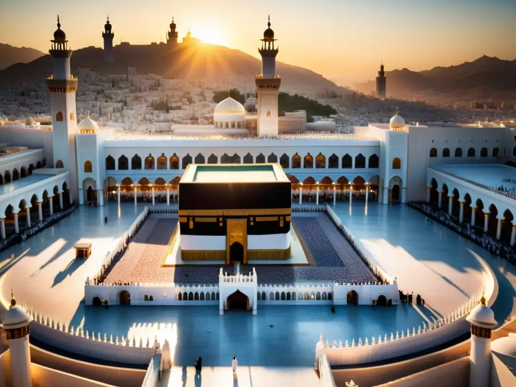 Vista impresionante de la antigua Mecca al amanecer, con la luz dorada iluminando la Gran Mezquita