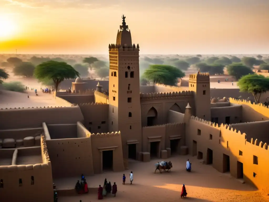 Vista impresionante de las antiguas ruinas de la Gran Mezquita de Djenné en Mali, con su arquitectura de adobe y el bullicioso mercado local