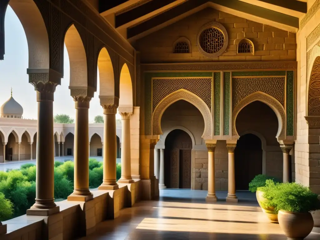 Vista impresionante de los antiguos palacios de Bagdad, mostrando su arquitectura detallada y juego de luces y sombras en piedras envejecidas