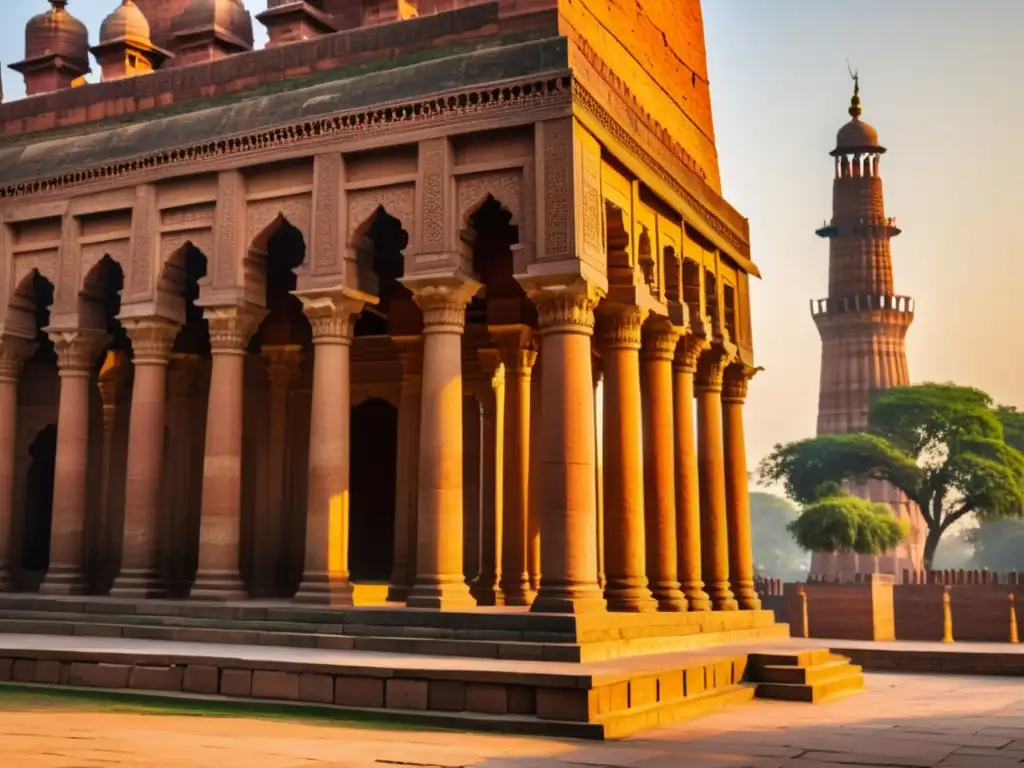 Vista impresionante de la arquitectura palaciega Sultanato Delhi en el complejo Qutub Minar al atardecer, con sombras alargadas y tonos dorados