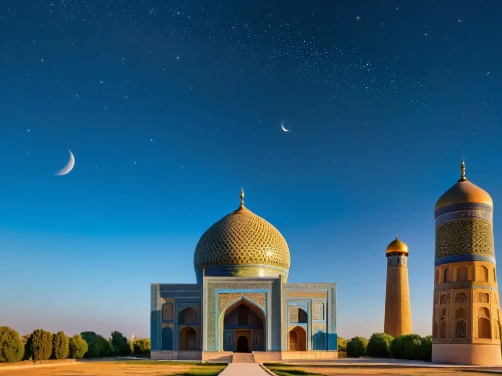 Vista impresionante de la astronomía islámica en Samarcanda al anochecer, con la majestuosidad de las montañas de fondo