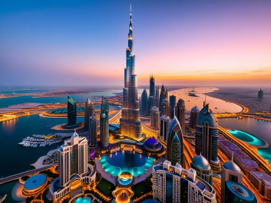 Vista impresionante de Dubai al atardecer, con el Burj Khalifa y las luces de la ciudad reflejándose en las aguas tranquilas