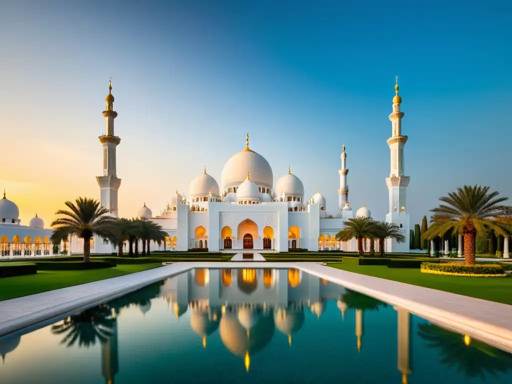 Vista impresionante del atardecer en la majestuosa Mezquita Sheikh Zayed en Abu Dhabi, rodeada de exuberantes jardines y piscinas tranquilas