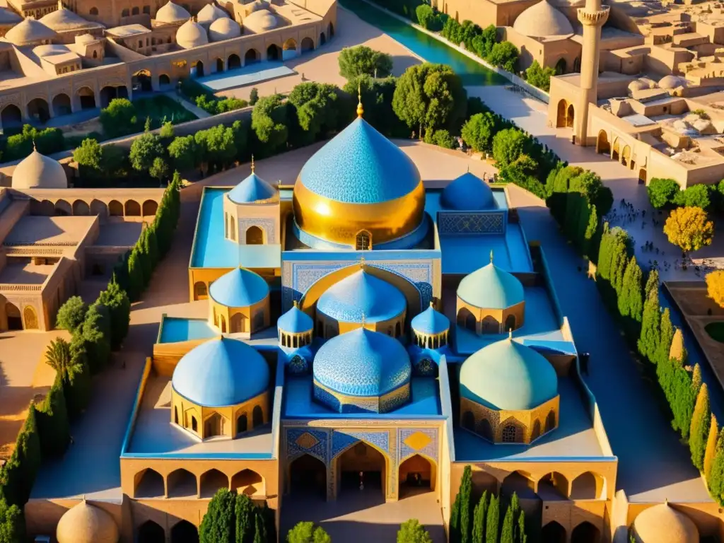 Vista impresionante del auge del Imperio Safávida en Isfahán, con mezquitas y caravasares, reflejando conflictos sectarios en los califatos