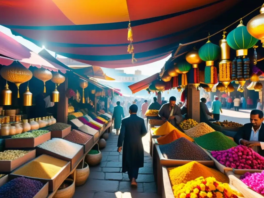 Vista impresionante de un bullicioso mercado en AlÁndalus, con aromas islámicos y una atmósfera vibrante de comercio