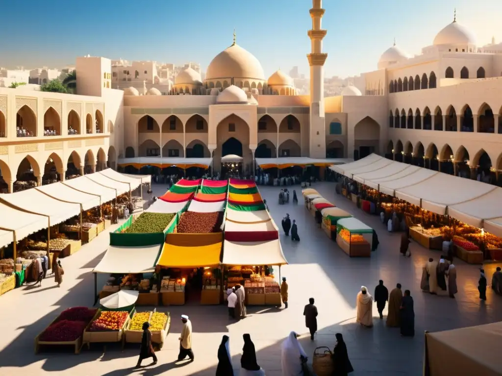 Vista impresionante de un bullicioso mercado en una ciudad del Medio Oriente, con puestos coloridos y arquitectura detallada