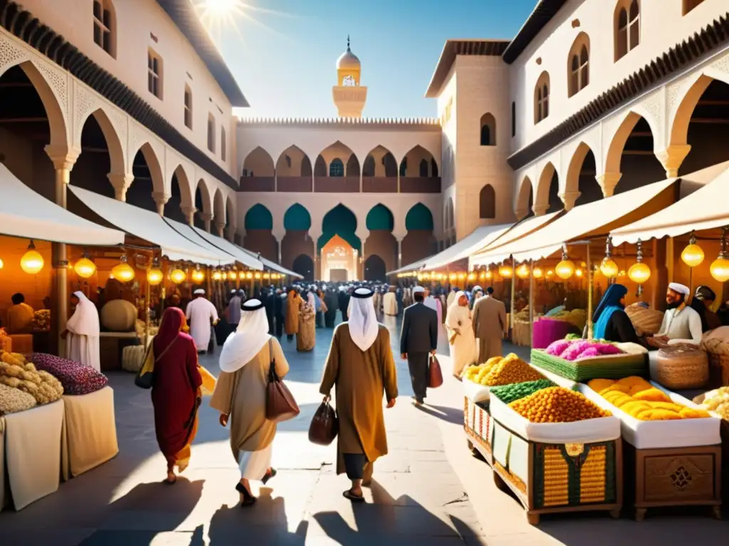 Vista impresionante del bullicioso mercado árabe en una ciudad histórica, reflejando el legado árabe-islámico en el mundo moderno