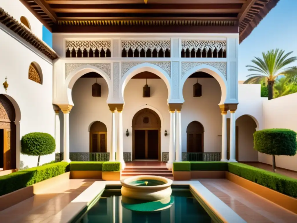 Vista impresionante de la Casa de la Sabiduría en el califato abasí, con arquitectura islámica detallada y jardines exuberantes, donde los sabios debaten bajo la luz cálida del atardecer