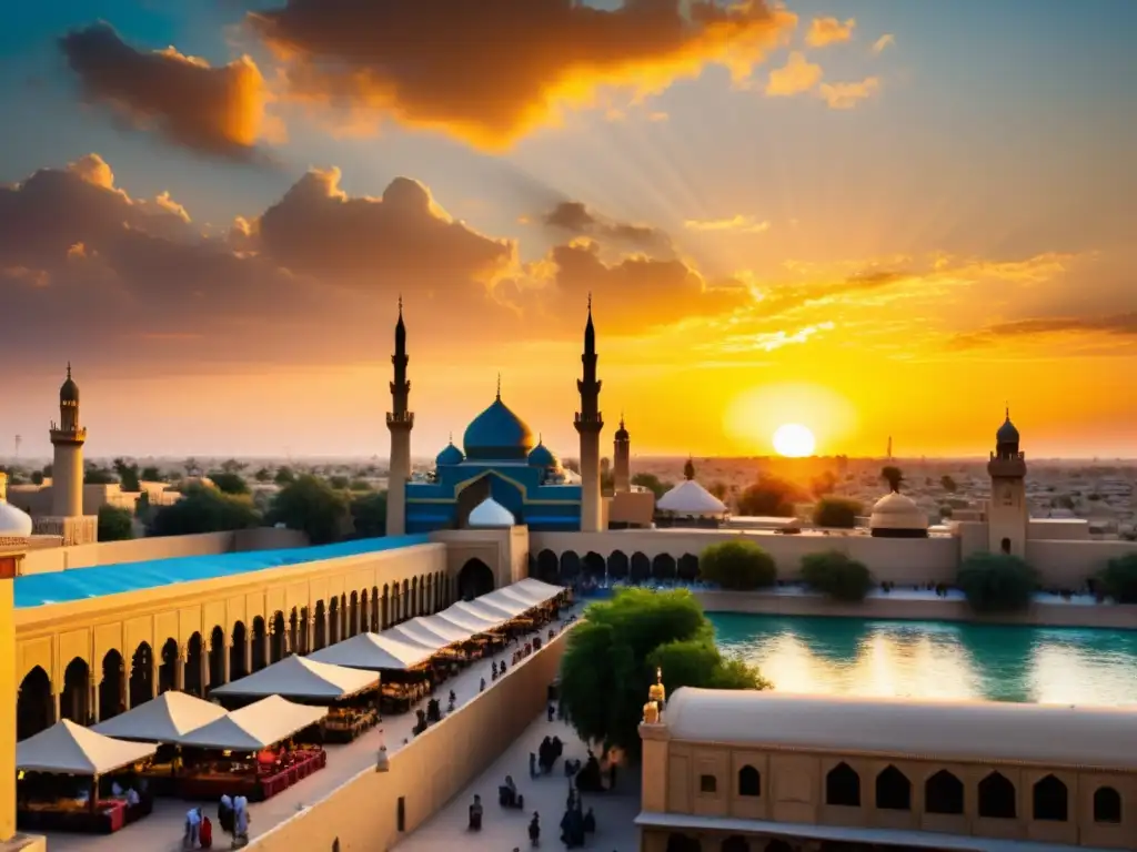 Vista impresionante de la ciudad antigua de Bagdad al atardecer, reflejando la filosofía de la historia en el mundo islámico