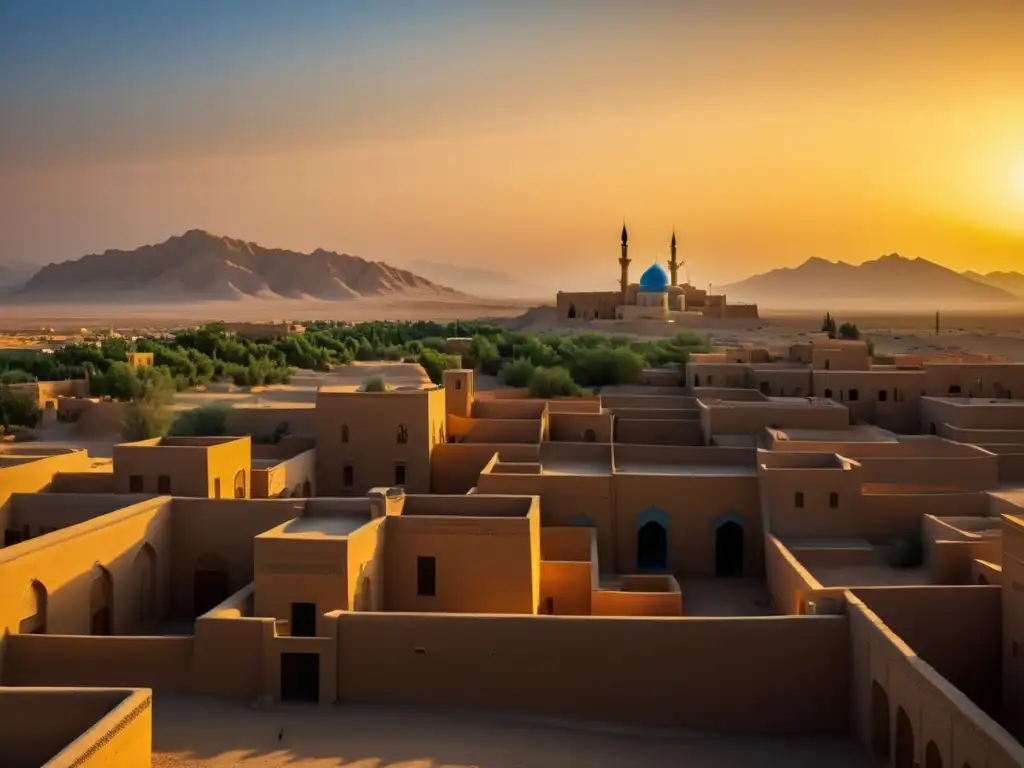 Vista impresionante de la Ciudad del Fuego Sagrado Yazd al atardecer, con sus icónicas torres de viento y calles estrechas, bañadas por la cálida luz dorada, en contraste con el paisaje desértico de fondo