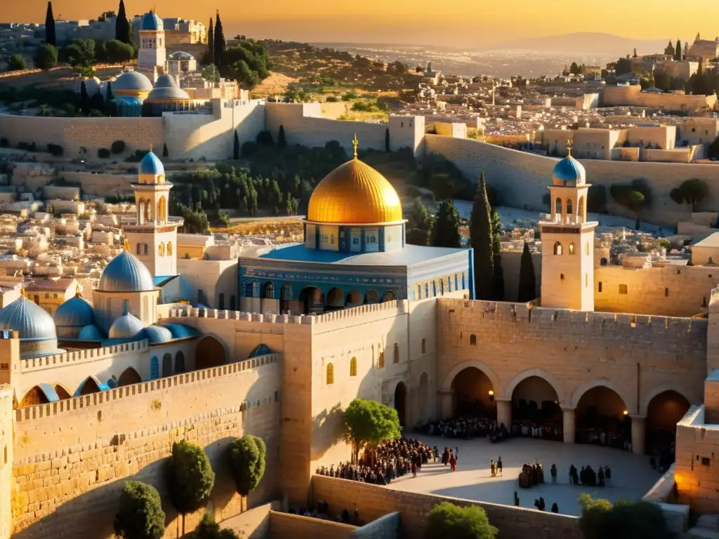 Vista impresionante de la ciudad medieval de Jerusalén al atardecer, destacando la influencia de las Cruzadas en la cultura islámica