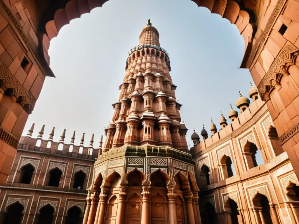 Vista impresionante del complejo de Qutb Minar en Delhi, con su arquitectura palaciega Sultanato Delhi, visitantes y exuberante vegetación