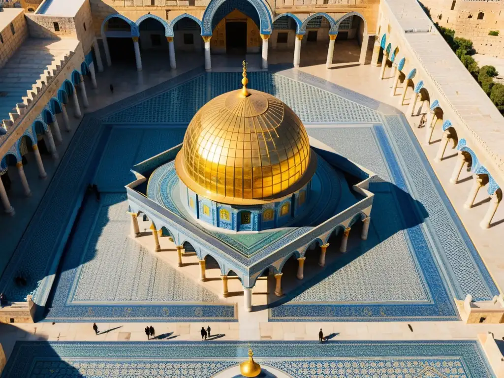 Vista impresionante de la Cúpula de la Roca en Jerusalén islámica, con detalles dorados, azulejos vibrantes y adoradores