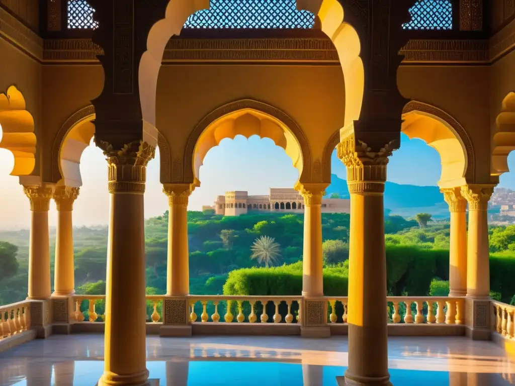 Vista impresionante de los detallados palacios abasíes, bañados por la cálida luz del atardecer