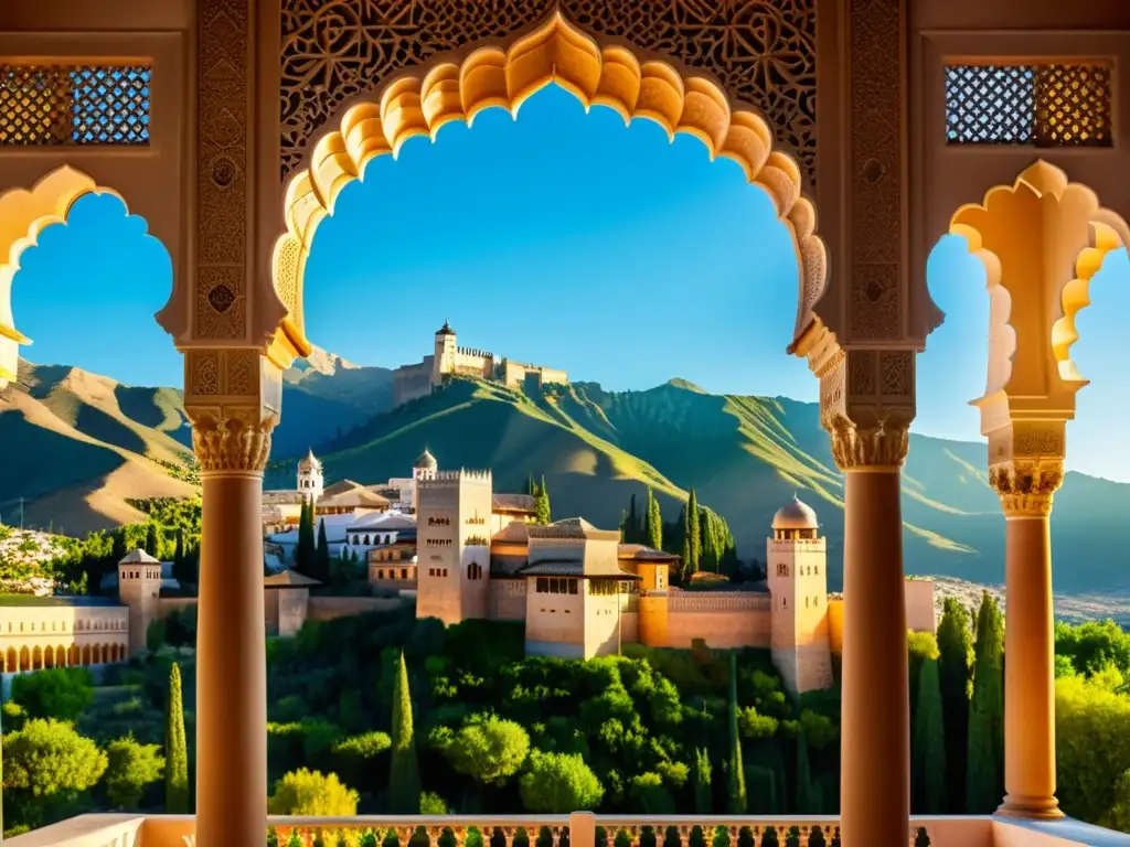 Una vista impresionante de la Alhambra en Granada, España, con detalles arquitectónicos islámicos y la influencia islámica en arte europeo