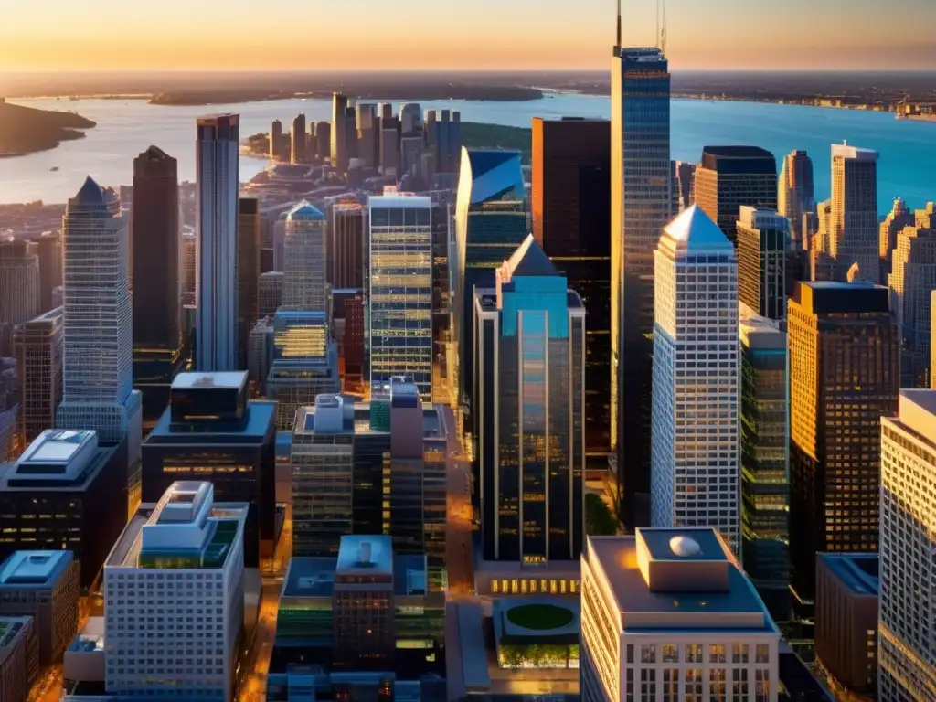 Vista impresionante del distrito financiero, con rascacielos modernos iluminados por el cálido atardecer