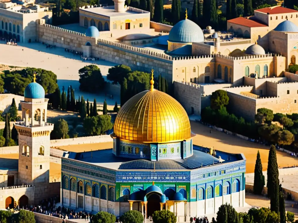 Vista impresionante del Domo de la Roca bajo la luz dorada del atardecer en Jerusalén islámica