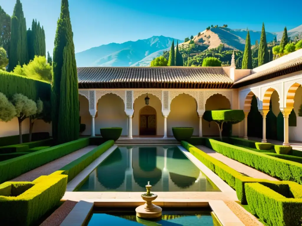 Vista impresionante de los Jardines de Al-Ándalus en la Alhambra, España, con exuberante vegetación, patrones geométricos, piscina tranquila y la majestuosa Sierra Nevada al fondo