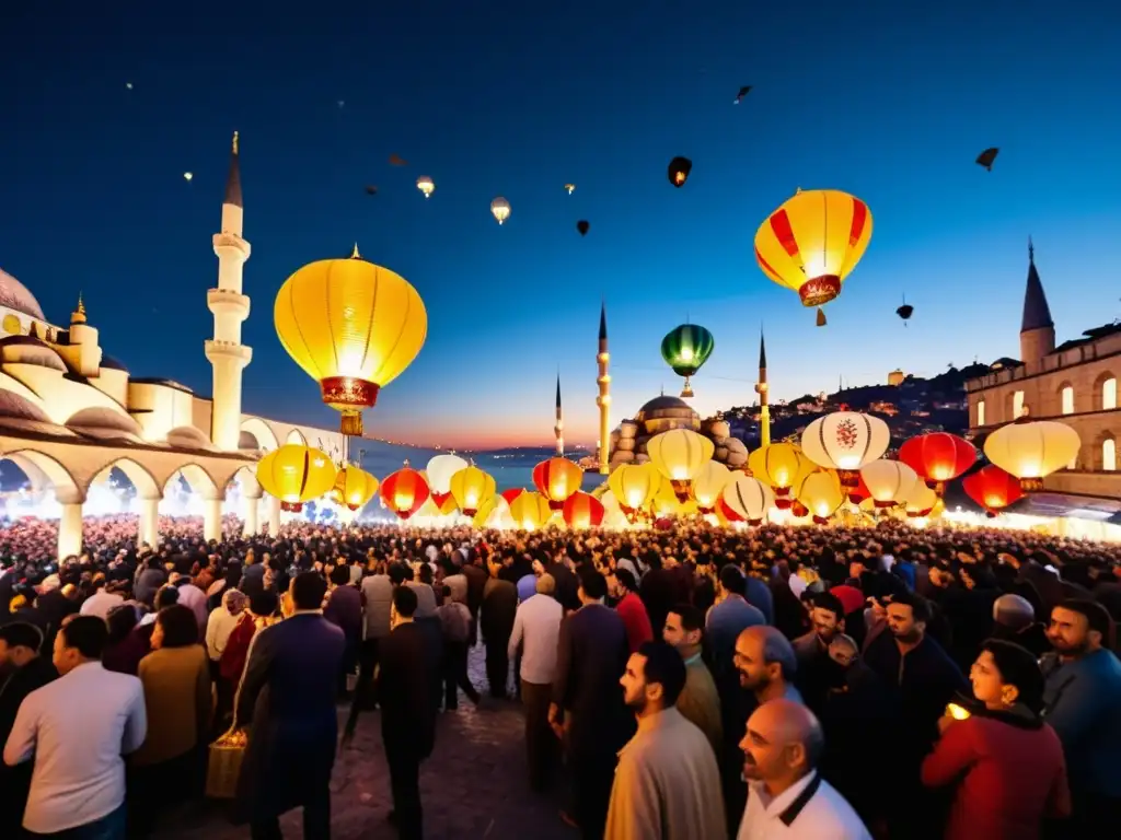 Vista impresionante del Festival de Linternas Mahya en Estambul durante Ramadán, con coloridos diseños iluminando el cielo nocturno