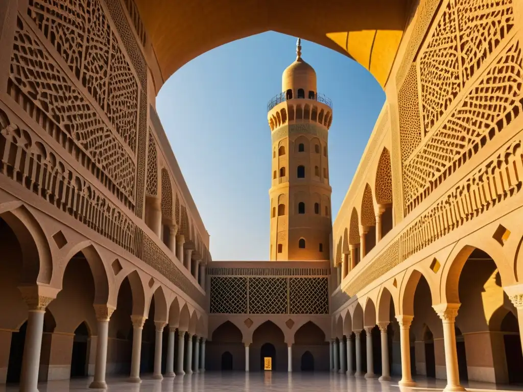 Vista impresionante de la Gran Mezquita de Samarra en la historia islámica de los palacios abasíes, con su minarete en espiral y diseños geométricos