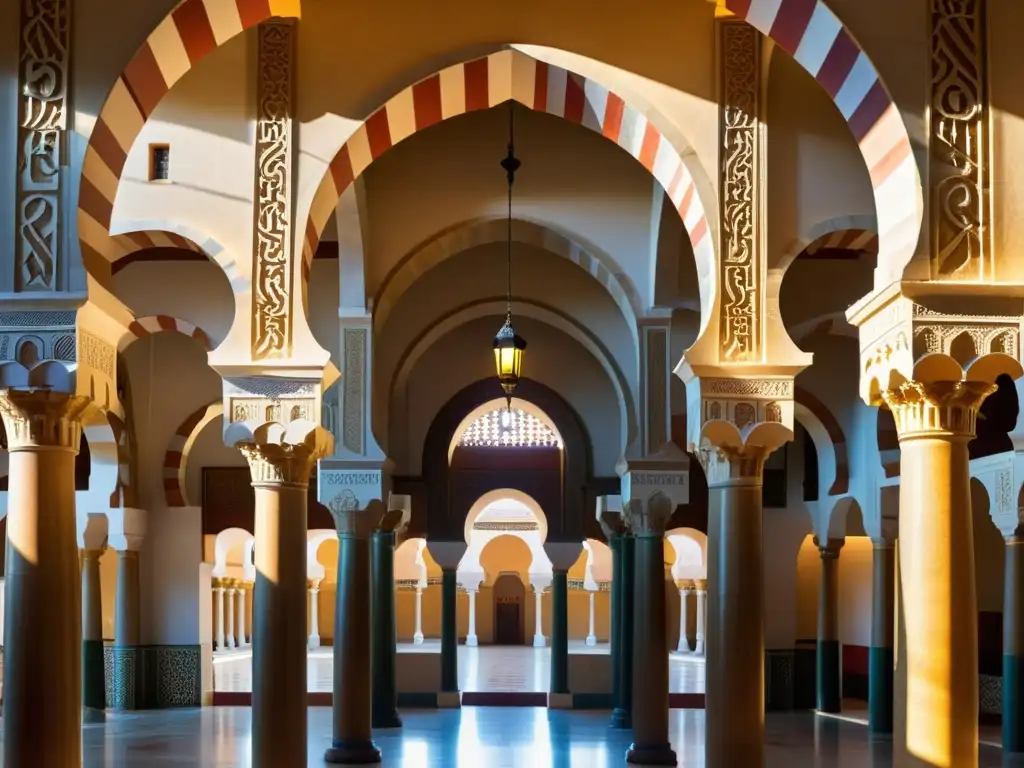 Vista impresionante de la Gran Mezquita de Córdoba durante el Califato Omeya, evocando la evolución del arte islámico bajo califatos