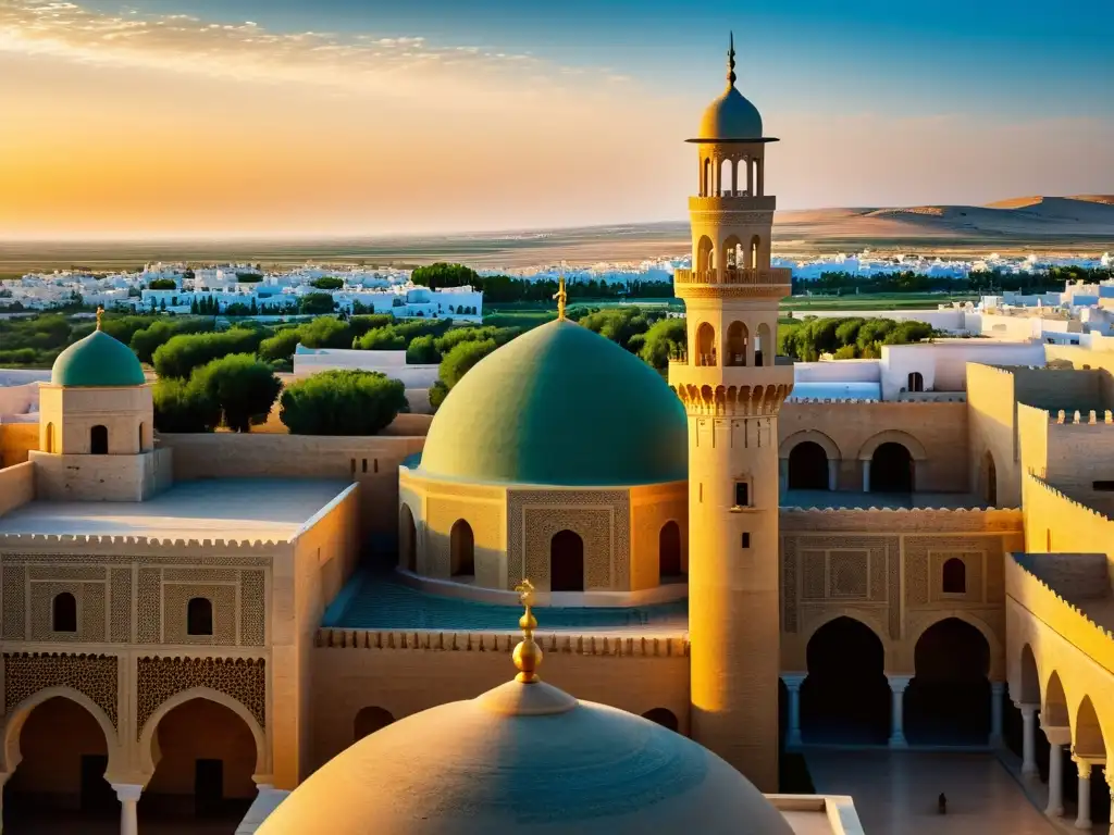 Vista impresionante del Gran Mezquita y minarete en Kairouan, Túnez, destacando la arquitectura del linaje de los Hafsíes en Túnez