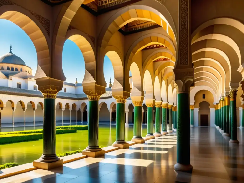 Vista impresionante de la Gran Mezquita de Córdoba con sus arcos, columnas y patrones geométricos