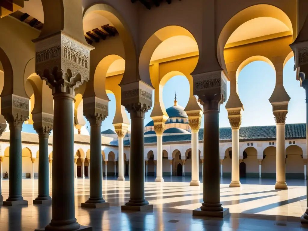 Vista impresionante de la Gran Mezquita de Córdoba con sus arcos intrincados, columnas ornamentadas y patio sereno, bañados por el cálido sol andaluz