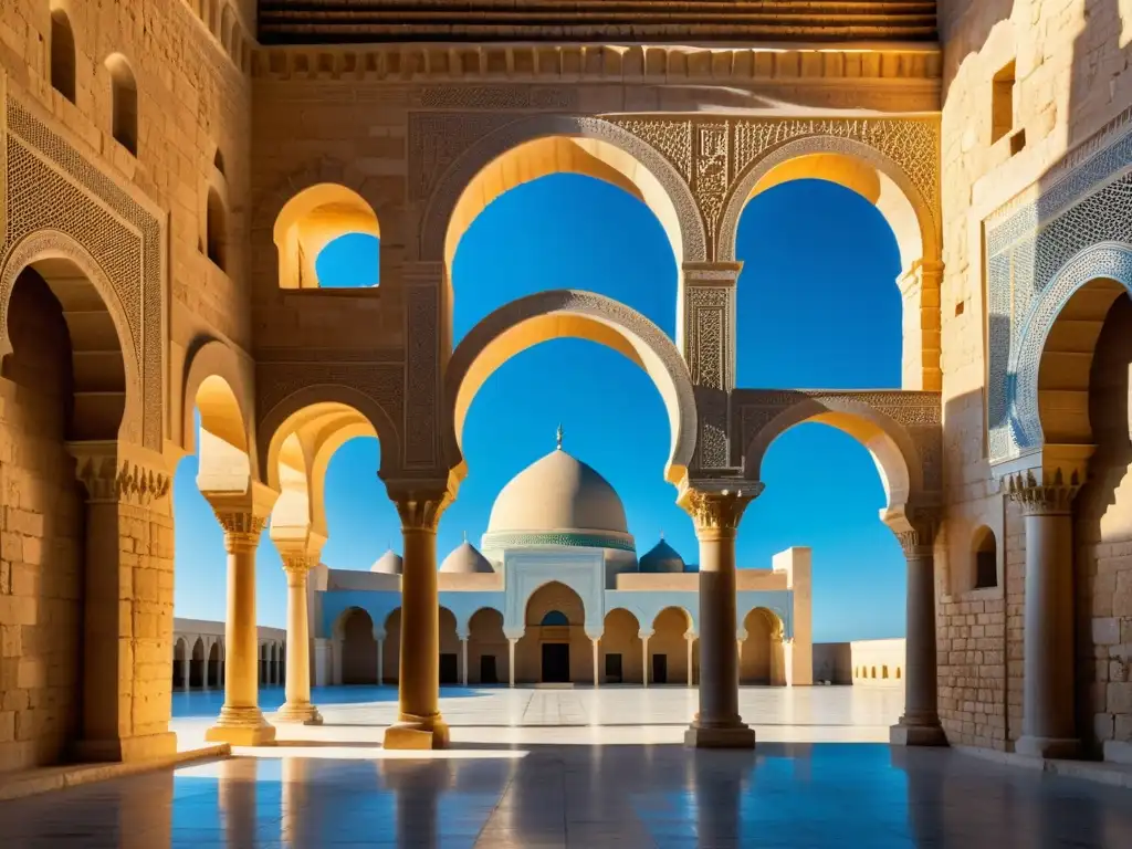 Vista impresionante de la Gran Mezquita de Kairouan, destacando la intrincada arquitectura Aglábida en el norte de África