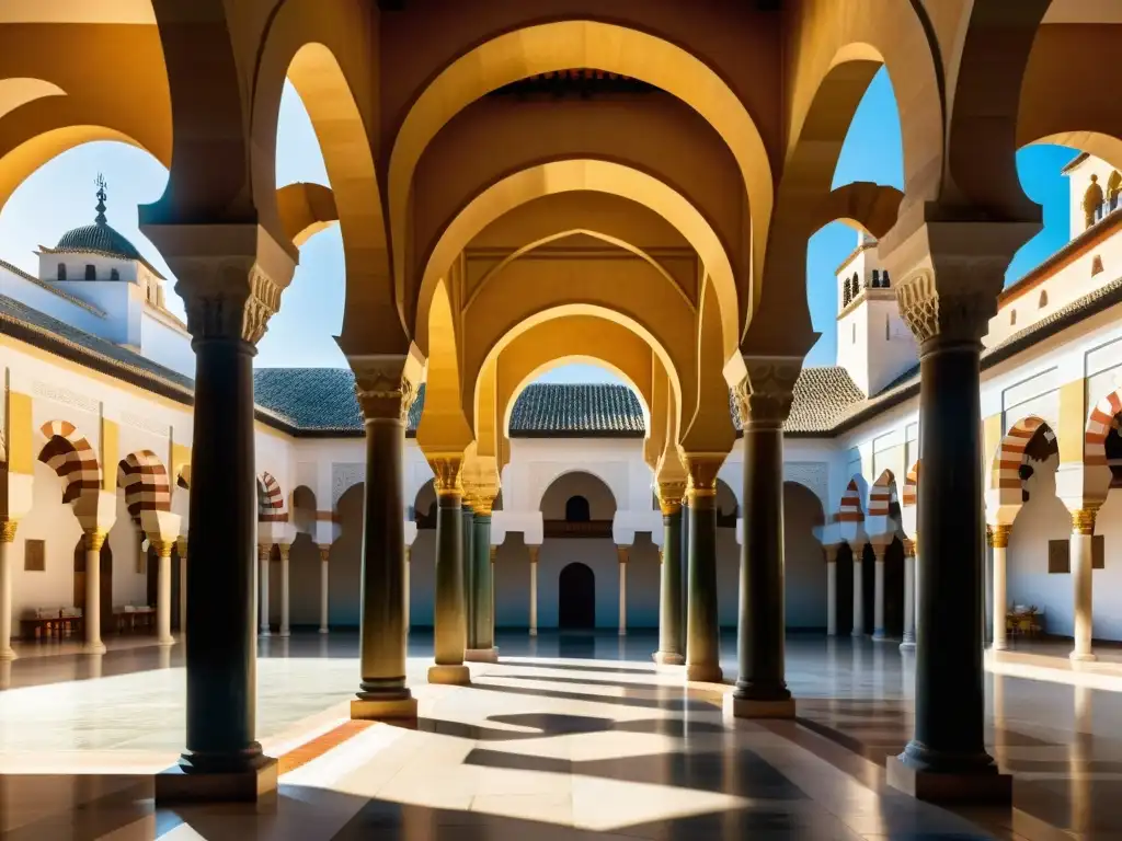 Vista impresionante de la Gran Mezquita de Córdoba con sus icónicos arcos rayados y patrones geométricos, bañados por la cálida luz del sol