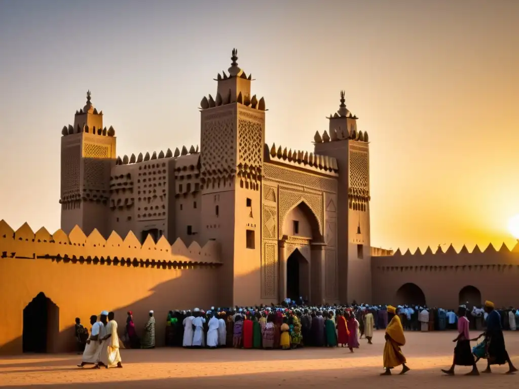 Vista impresionante del Gran Mezquita de Djenné en Mali, con su arquitectura de barro, minaretes imponentes y patrones geométricos