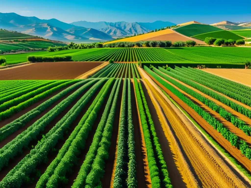 Vista impresionante de una granja andaluza con cultivos y sistemas de riego avanzados, ilustrando la revolución agrícola alAndalus