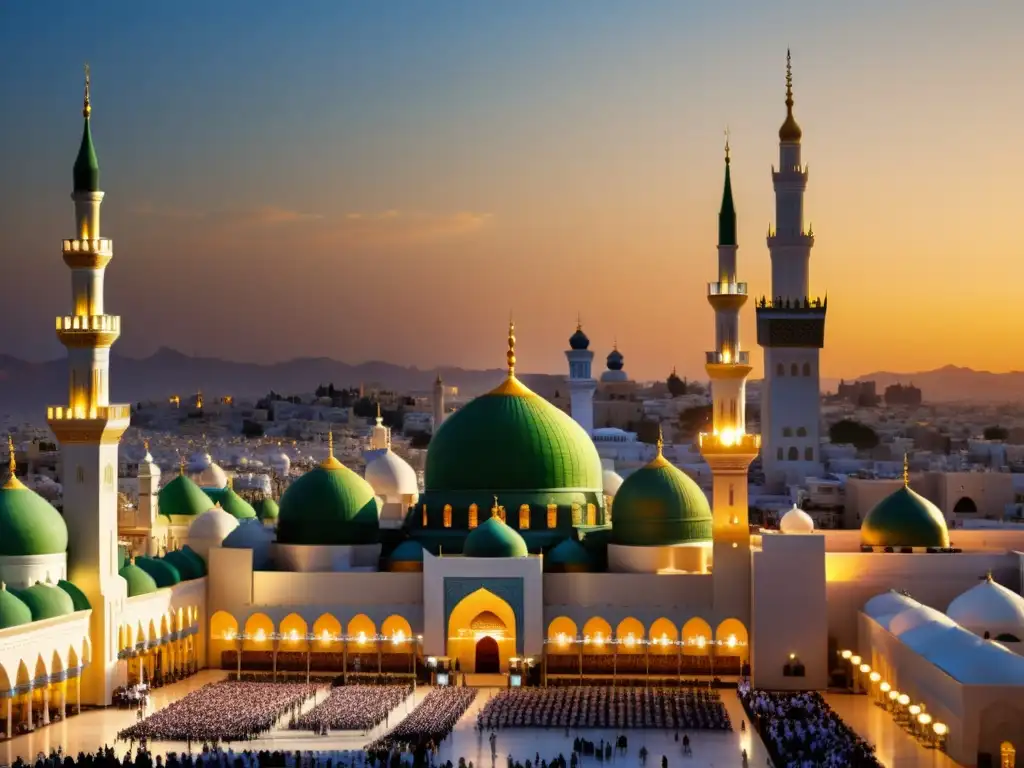 Una vista impresionante de la histórica ciudad de Medina al atardecer, con la mezquita del Profeta dominando el horizonte