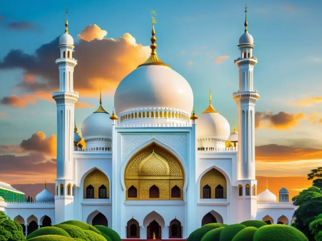 Vista impresionante de la histórica mezquita Masjid Jamek en Kuala Lumpur, Malasia, con sus cúpulas blancas y minaretes ornamentados en un atardecer vibrante