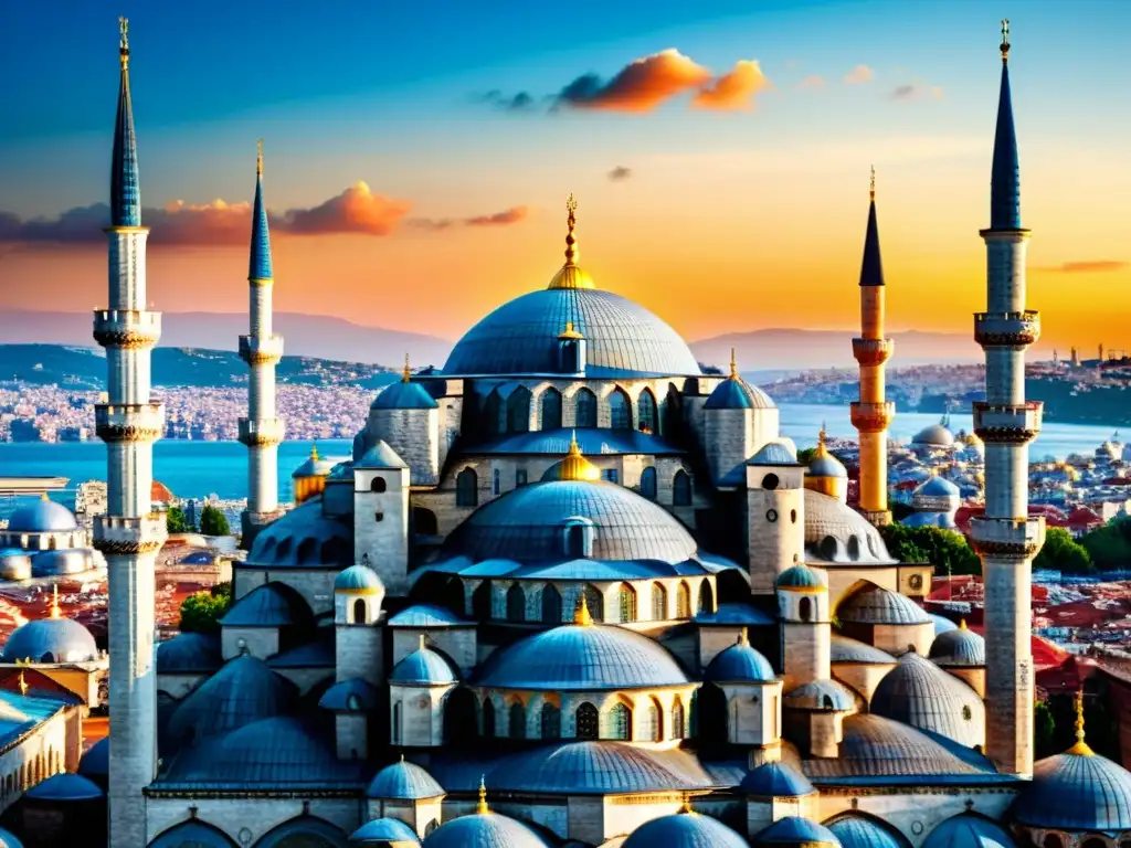 Vista impresionante de la histórica Mezquita Azul de Estambul al atardecer, resaltando la importancia de las mezquitas en la sociedad islámica