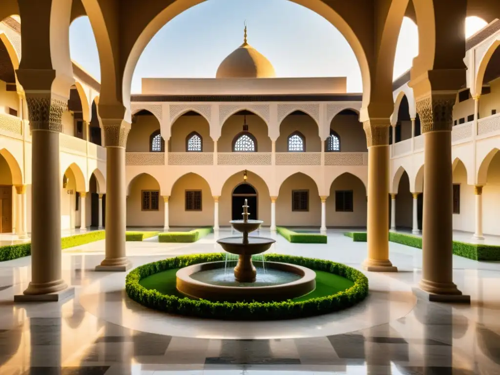 Vista impresionante del histórico Hospital AlAdiliyah en Bagdad, con diseño arquitectónico islámico y jardines exuberantes