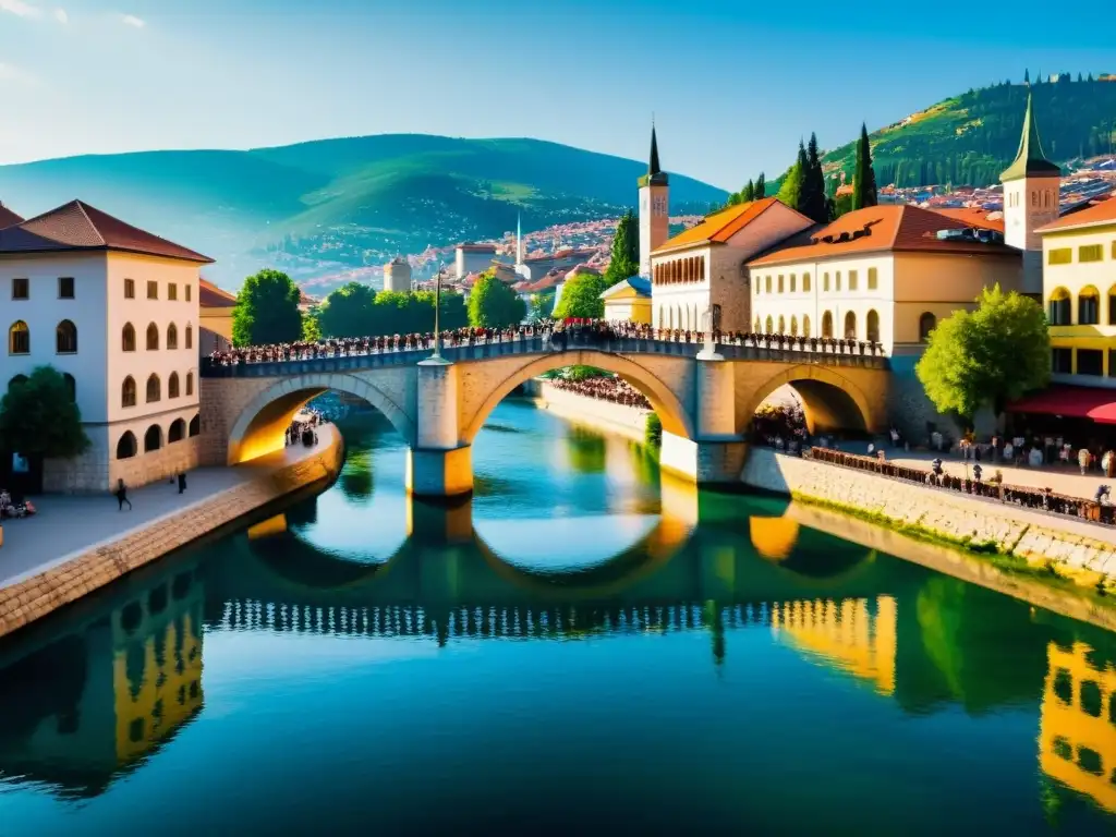 Vista impresionante del icónico Puente Latino en Sarajevo, con actividad cultural y arquitectura detallada