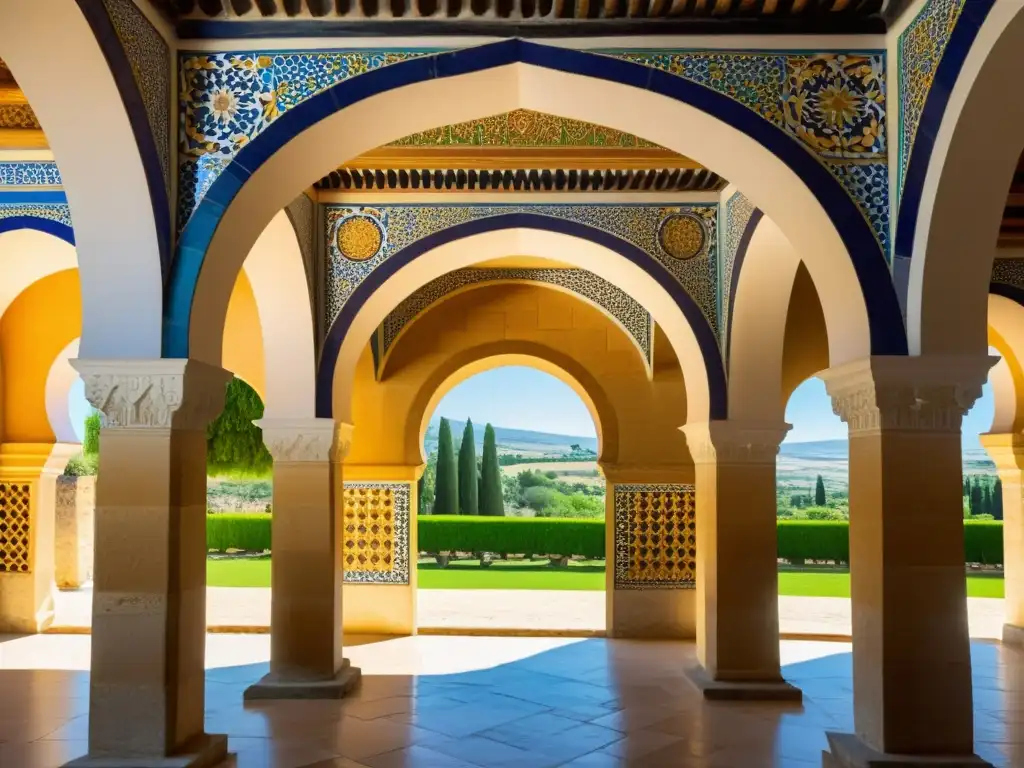 Vista impresionante de los intrincados azulejos y arcos del Palacio de Medina Azahara en Córdoba, España, destacando los detalles y la historia de los Palacios del califato de Córdoba