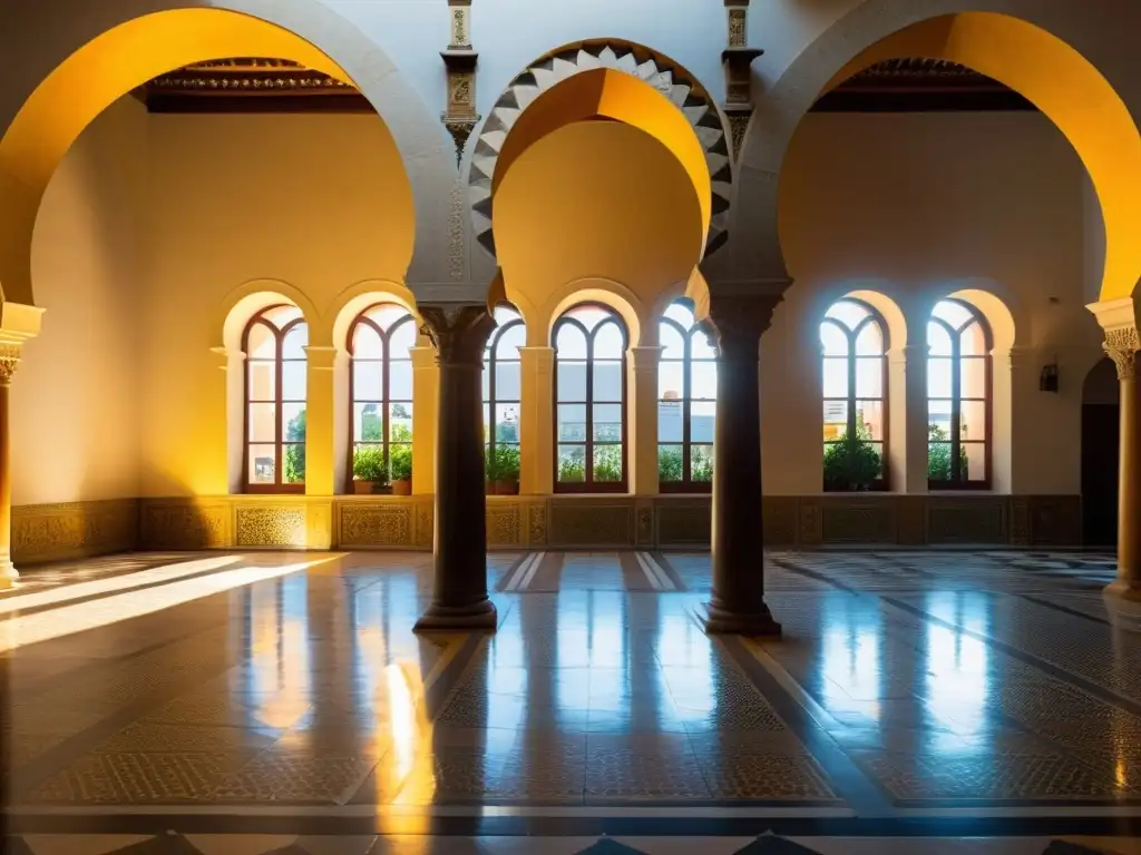 Vista impresionante de los intrincados azulejos y arcos de la histórica MezquitaCatedral en Córdoba, España, con juego de luces y sombras