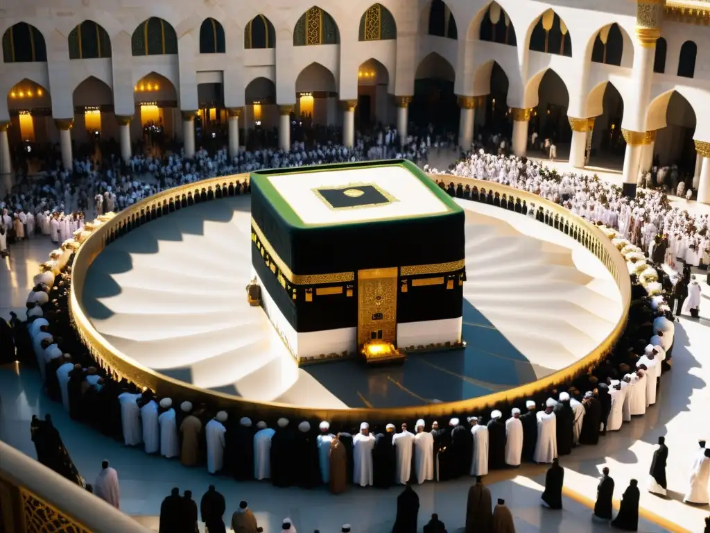 Vista impresionante de la Kaaba en la Gran Mezquita de La Meca, resaltando la devoción y la grandiosidad arquitectónica de uno de los Lugares Santos más importantes del viaje a Meca y Medina