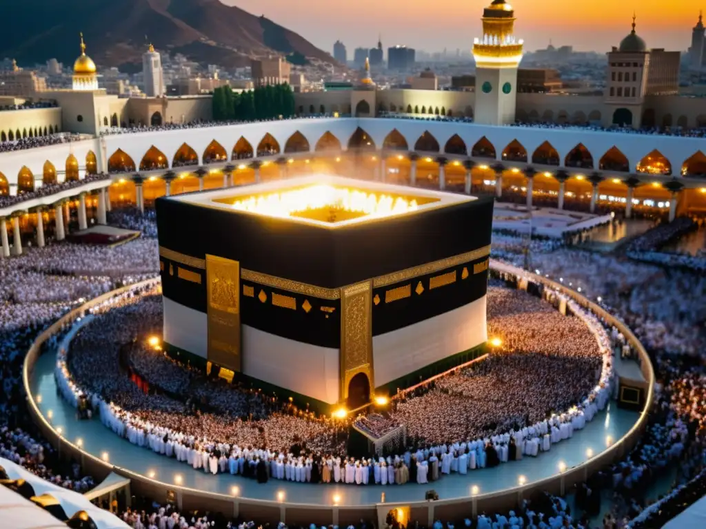 Vista impresionante de la Kaaba en La Meca, con peregrinos realizando el tawaf al atardecer